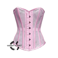 Baby Pink Satin Mesh Steampunk Sheer Overbust Corset