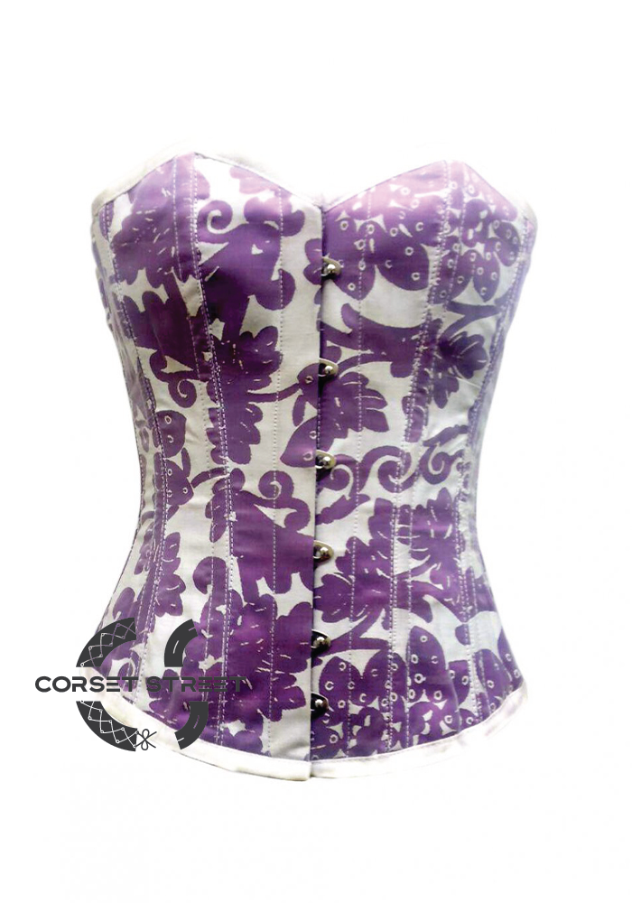 White Glass Fabric Purple Satin Front Open Busk Waist Cincher Women Overbust Corset Top