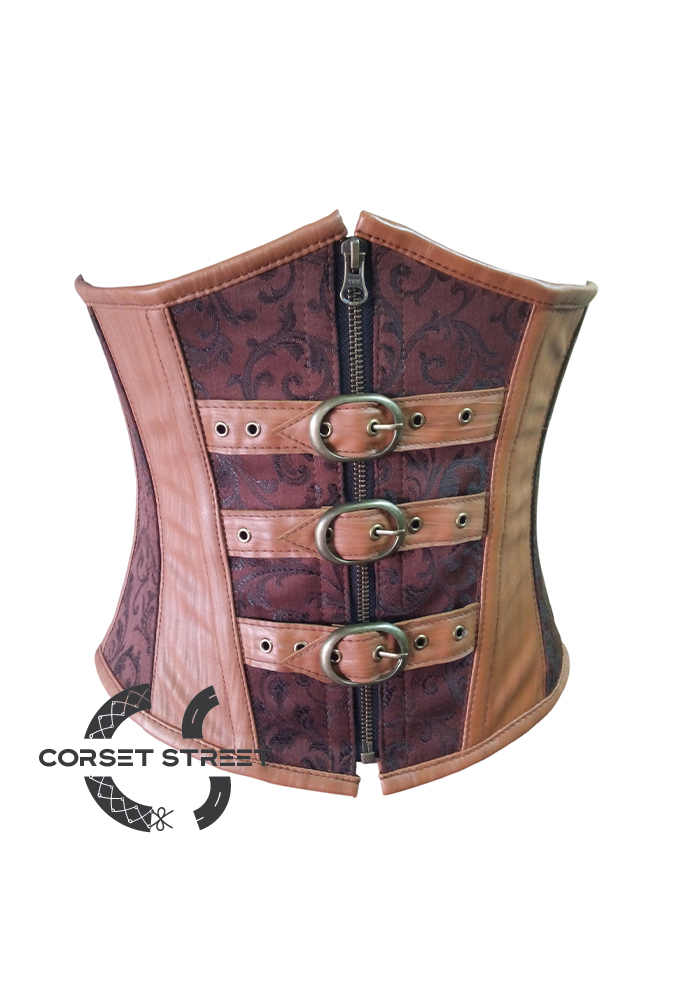 Brown Brocade & Leather Gothic Steampunk Waist Training Bustier Underbust Plus Size Corset Costume