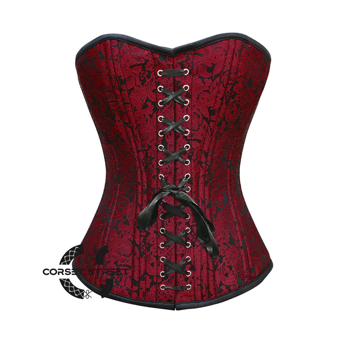 Red Brocade With Front Black Ribbon Double Bone Overbust Corset