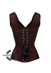 Brown Satin Shoulder Strap Gothic Burlesque Bustier Waist Training Overbust Plus Size Corset Costume