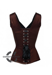 Brown Satin Shoulder Strap Gothic Burlesque Bustier Waist Training Overbust Corset Costume
