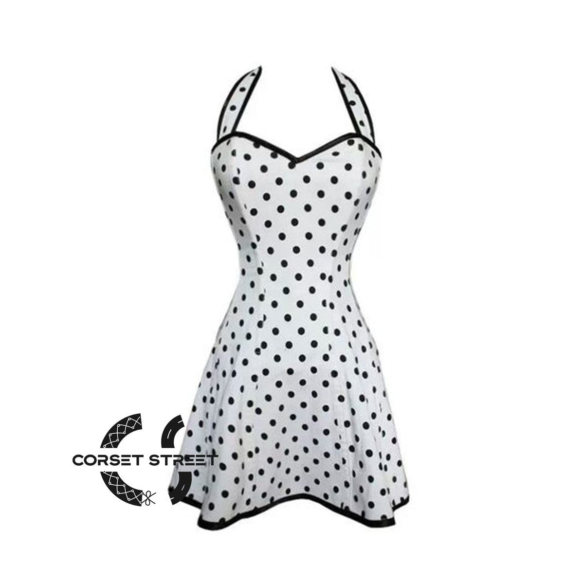 White Satin Black Polka Dot Halter Neck Overbust Corset Dress