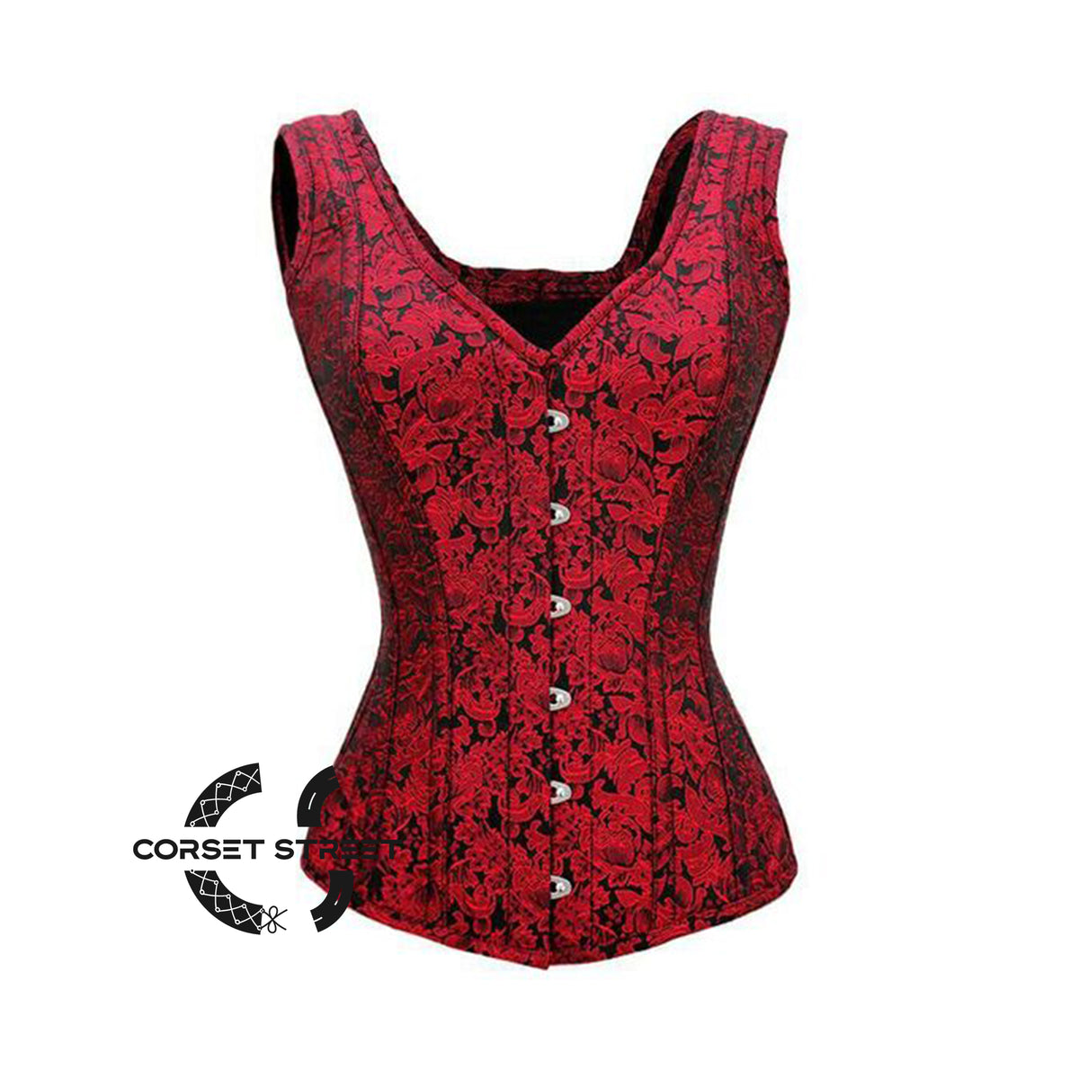 Red Brocade Shoulder Strap Overbust Gothic Corset