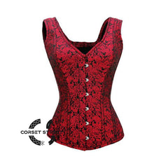 Red Brocade Shoulder Strap Overbust Gothic Corset