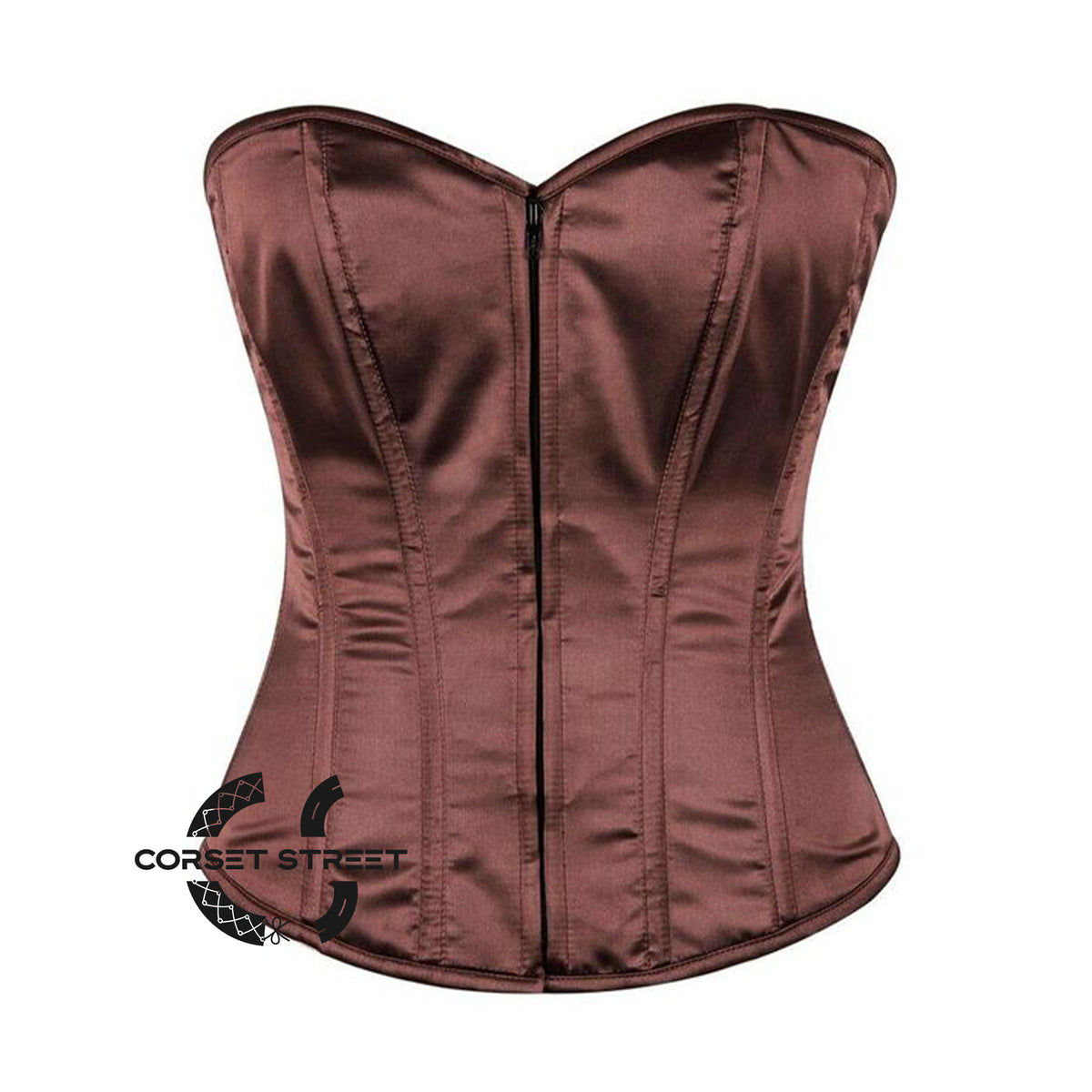 Brown Satin Burlesque Zipper Overbust Gothic Corset