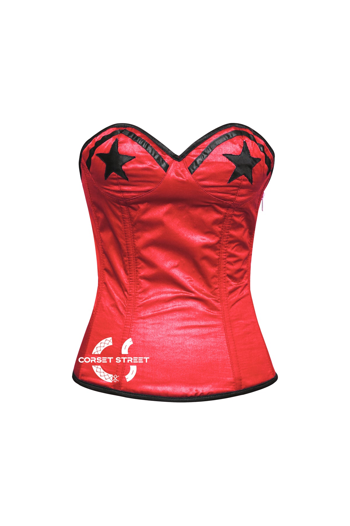 Red Satin With Black Star Overbust Gothic Costume Bustier Corset