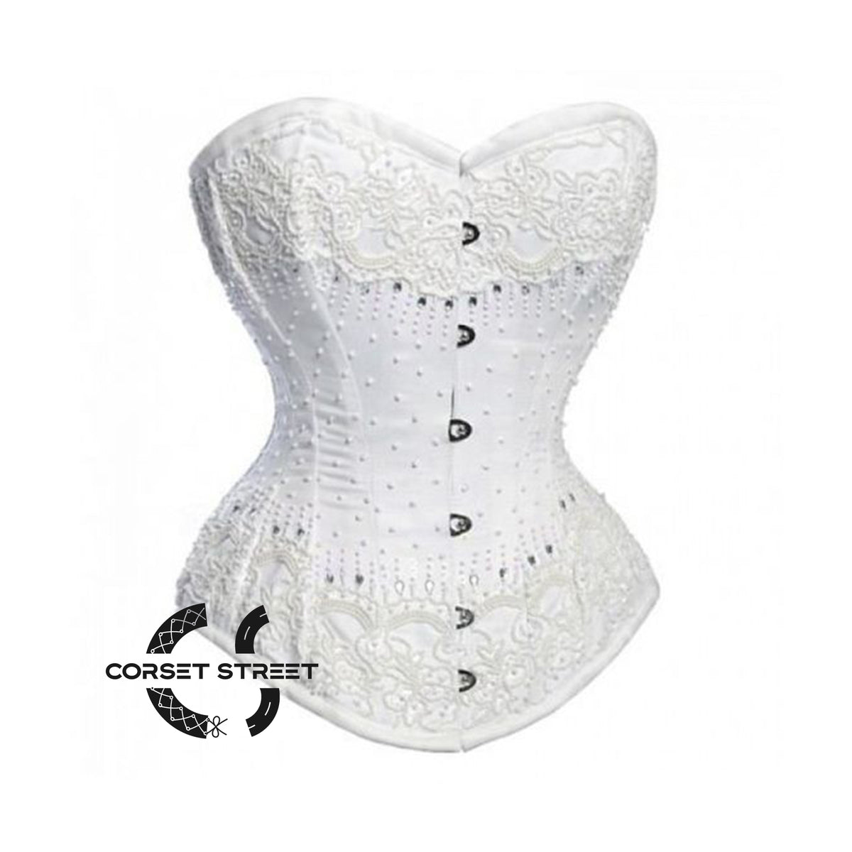 White Satin White Sequins Work Burlesque Overbust Gothic Corset