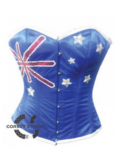 Blue Satin Australia Flag Sequins Handwork Gothic Burlesque Bustier Waist Training Overbust Corset Costume