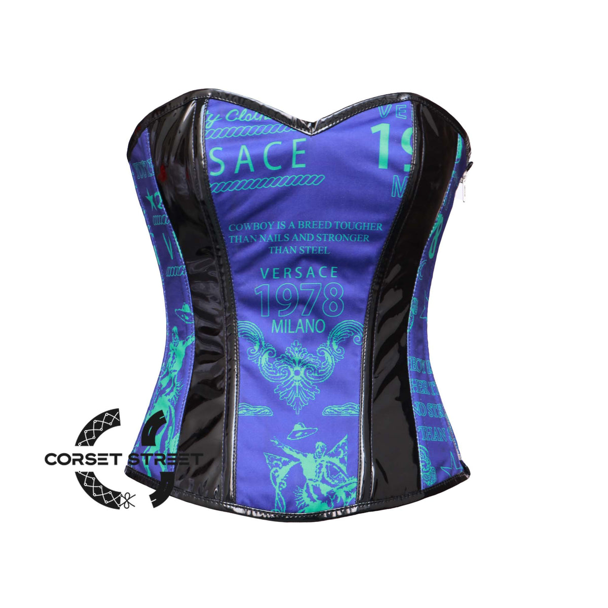 Digital Printed Blue and Black Corset PVC Leather Gothic Halloween Costume Overbust Bustier Top, Christmas Festival Women Printed Dress