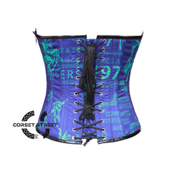 Digital Printed Blue and Black Corset PVC Leather Gothic Halloween Costume Overbust Bustier Top, Christmas Festival Women Printed Dress