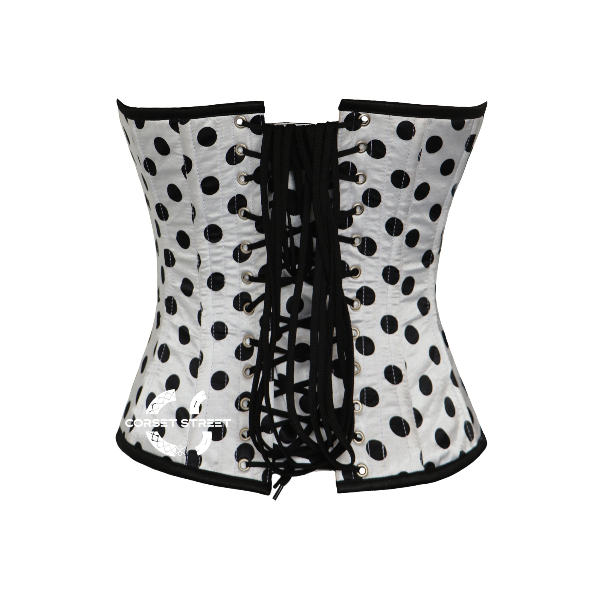 White Polka Dot Satin Gothic Overbust Corset Steampunk Costume