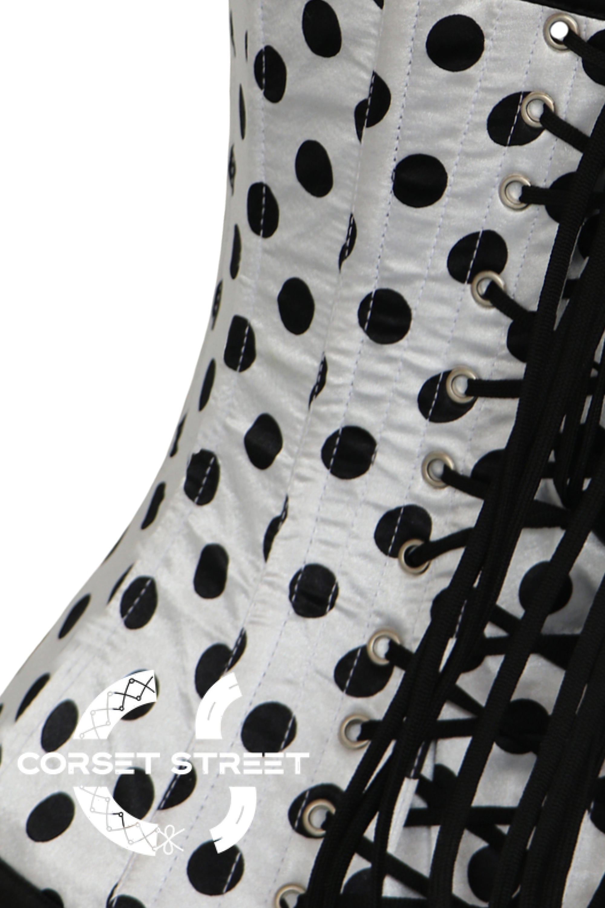 White Polka Dot Satin Gothic Overbust Corset Steampunk Costume