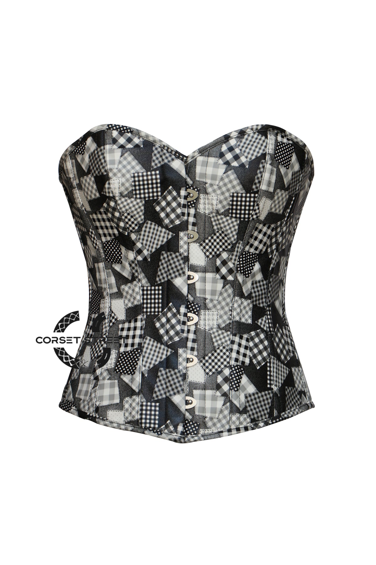 Black And White Printed Leather Retro Theme Gothic Halloween Costume Overbust Corset