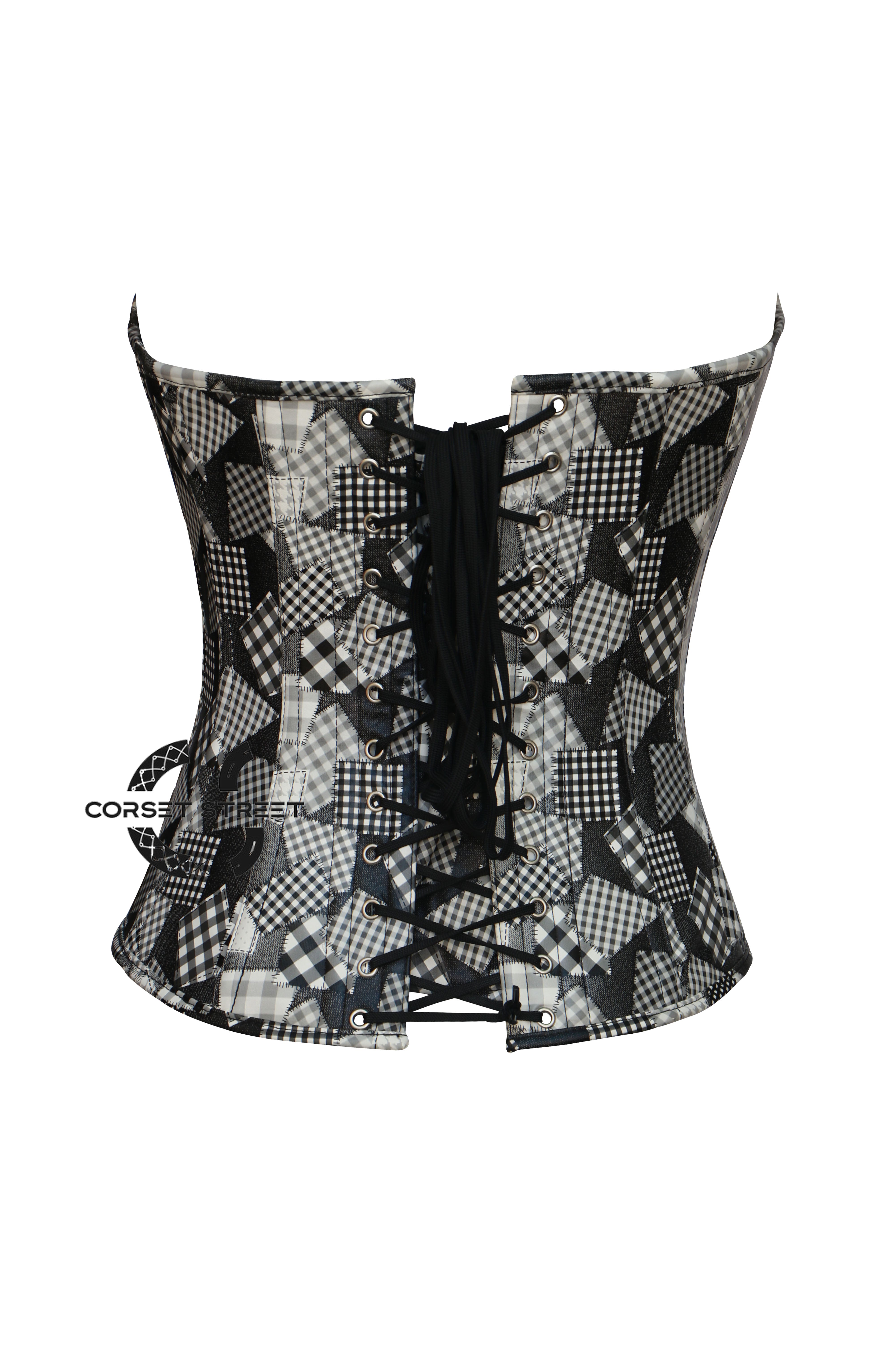 Black And White Printed Leather Retro Theme Gothic Halloween Costume Overbust Corset