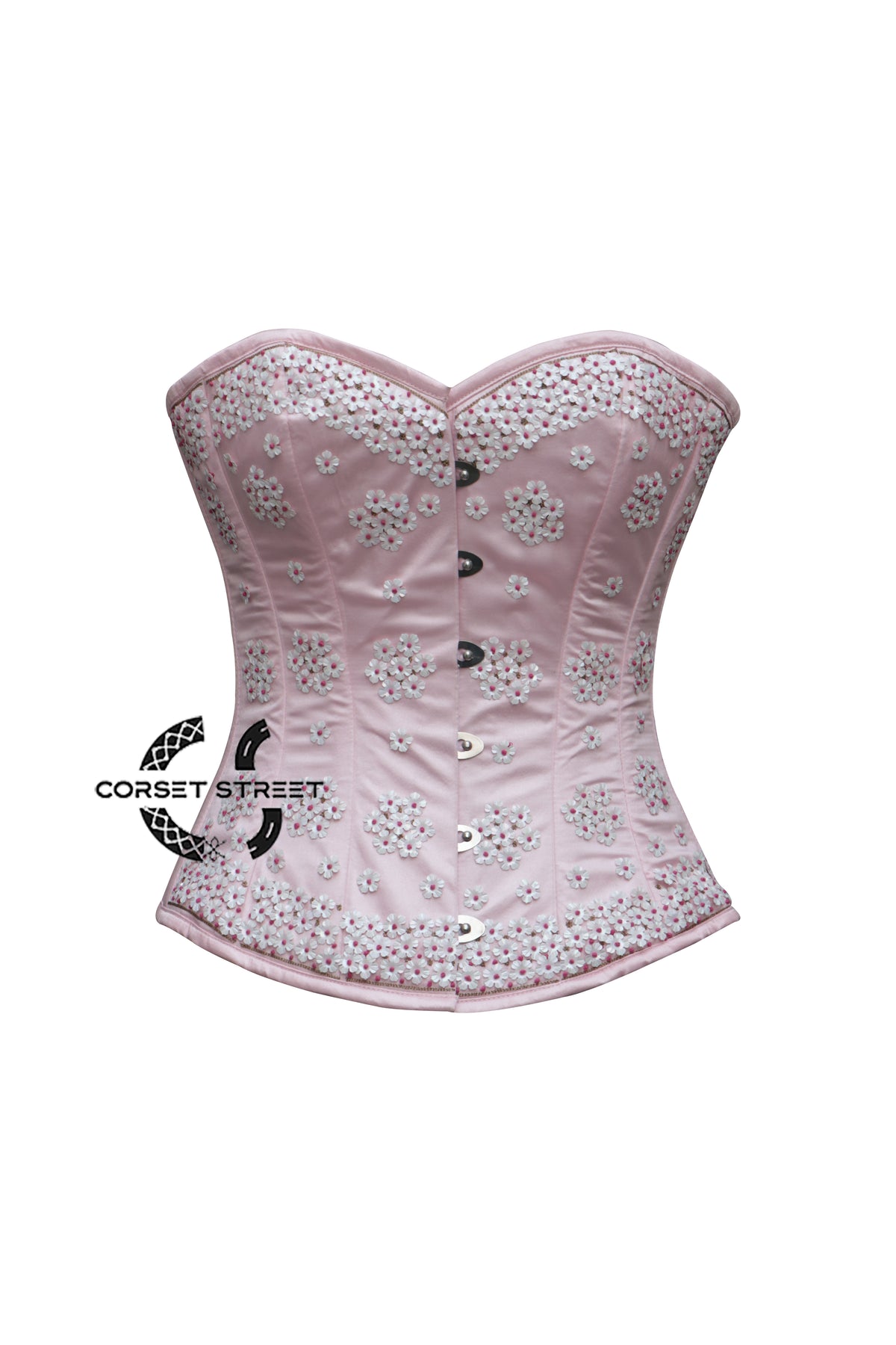 Light Pink Satin White Sequins Burlesque Costume Overbust Plus Size Corset Top