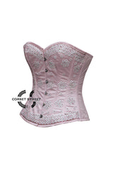 Light Pink Satin White Sequins Burlesque Costume Overbust Plus Size Corset Top