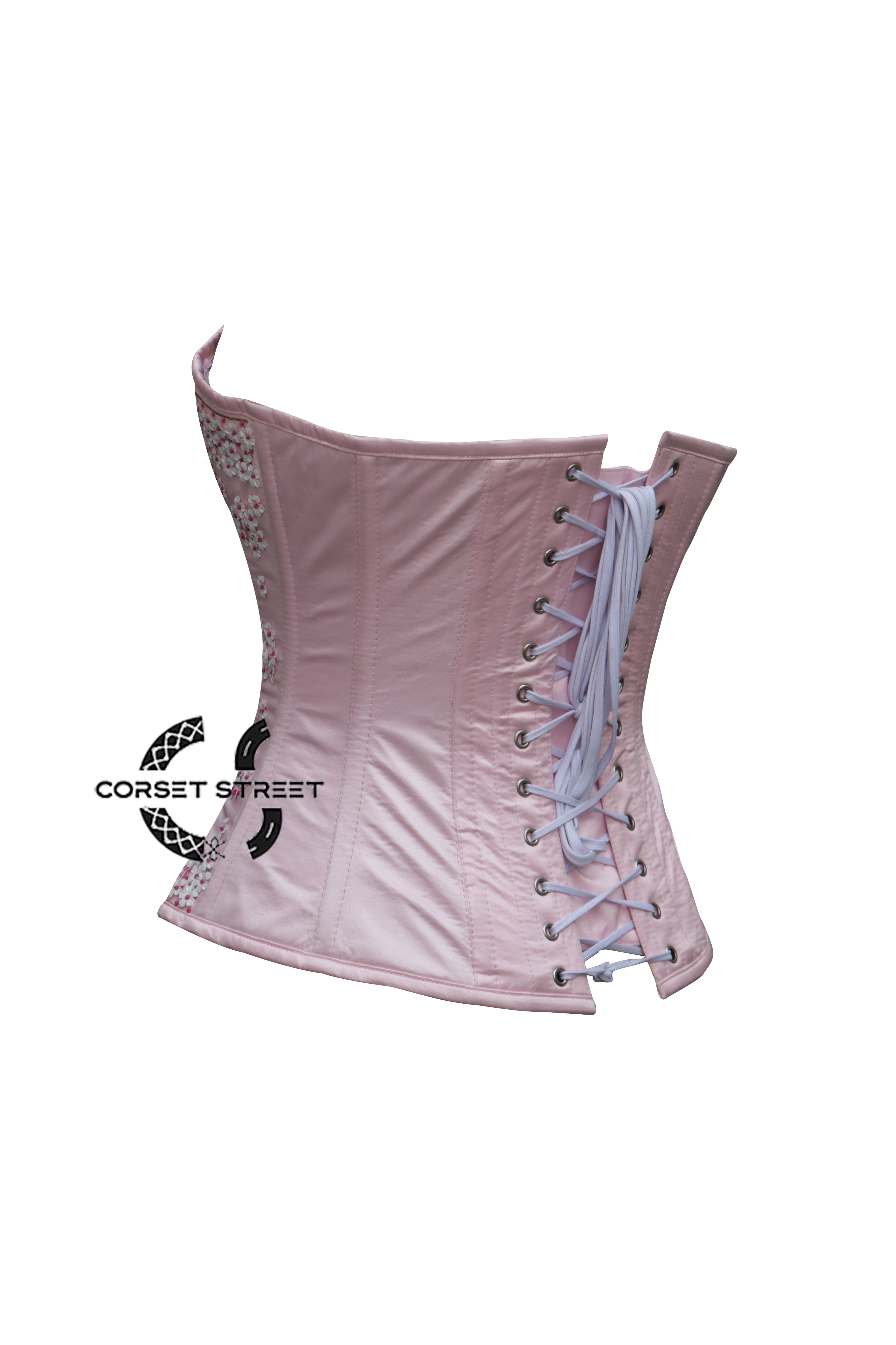 Light Pink Satin White Sequins Burlesque Costume Overbust Plus Size Corset Top