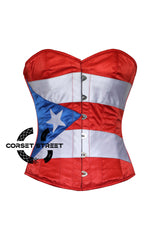 Women’s Red White And Blue Satin Puerto-Rico Flag Overbust Corset Top