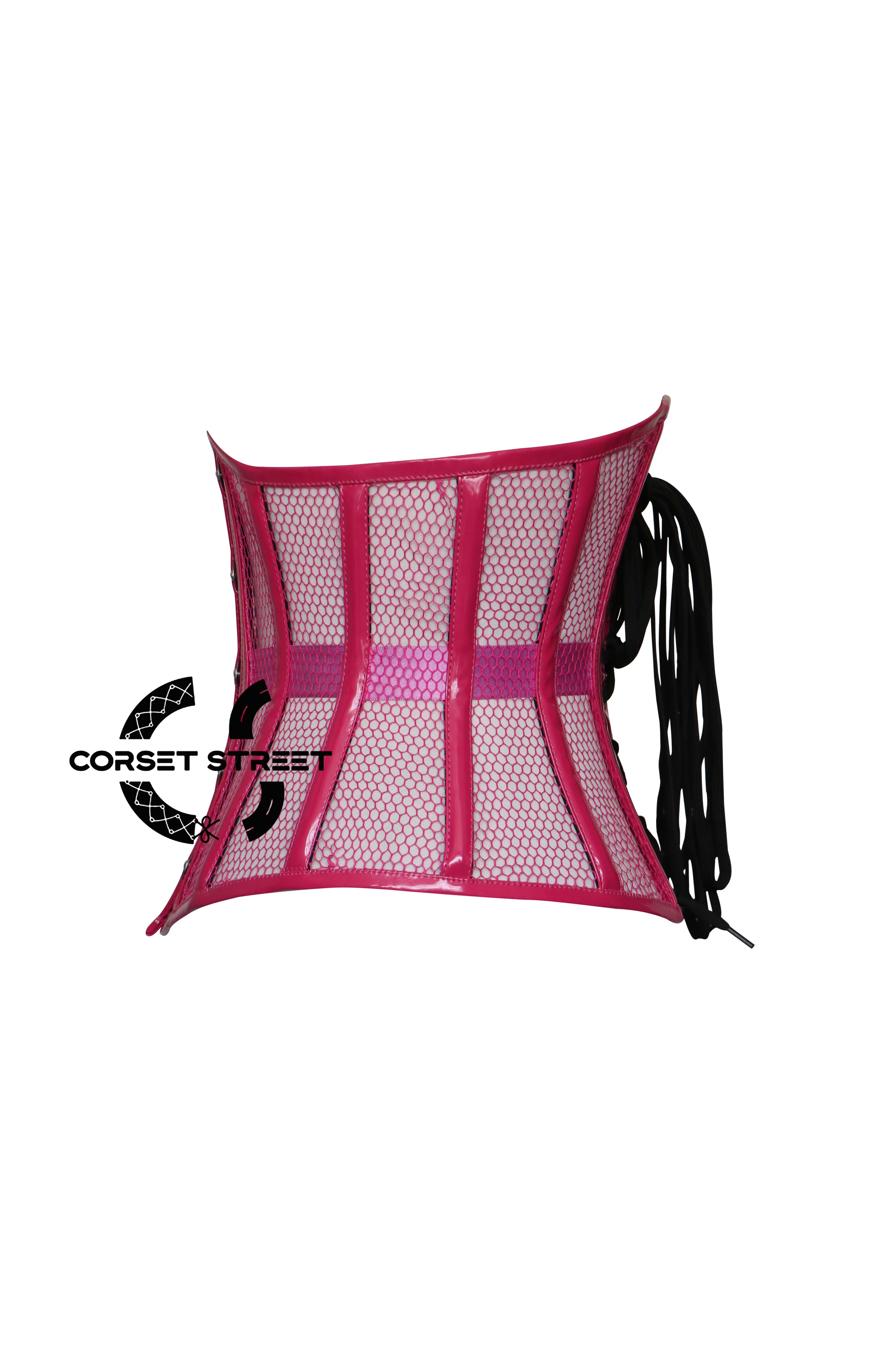 Hot Pink Sheer With PVC Leather Gothic Costume Underbust Corset Top