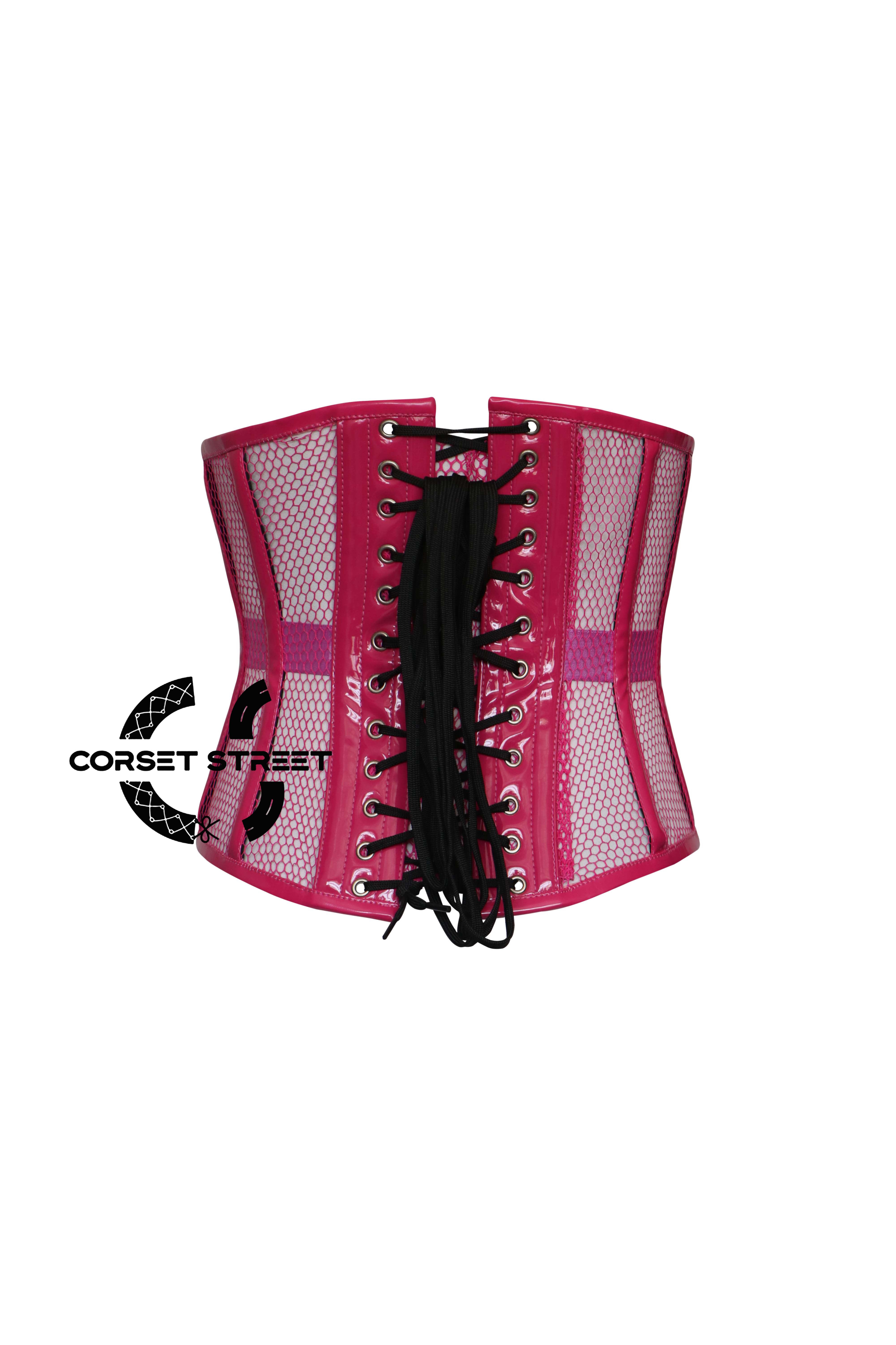 Hot Pink Sheer With PVC Leather Gothic Costume Underbust Corset Top