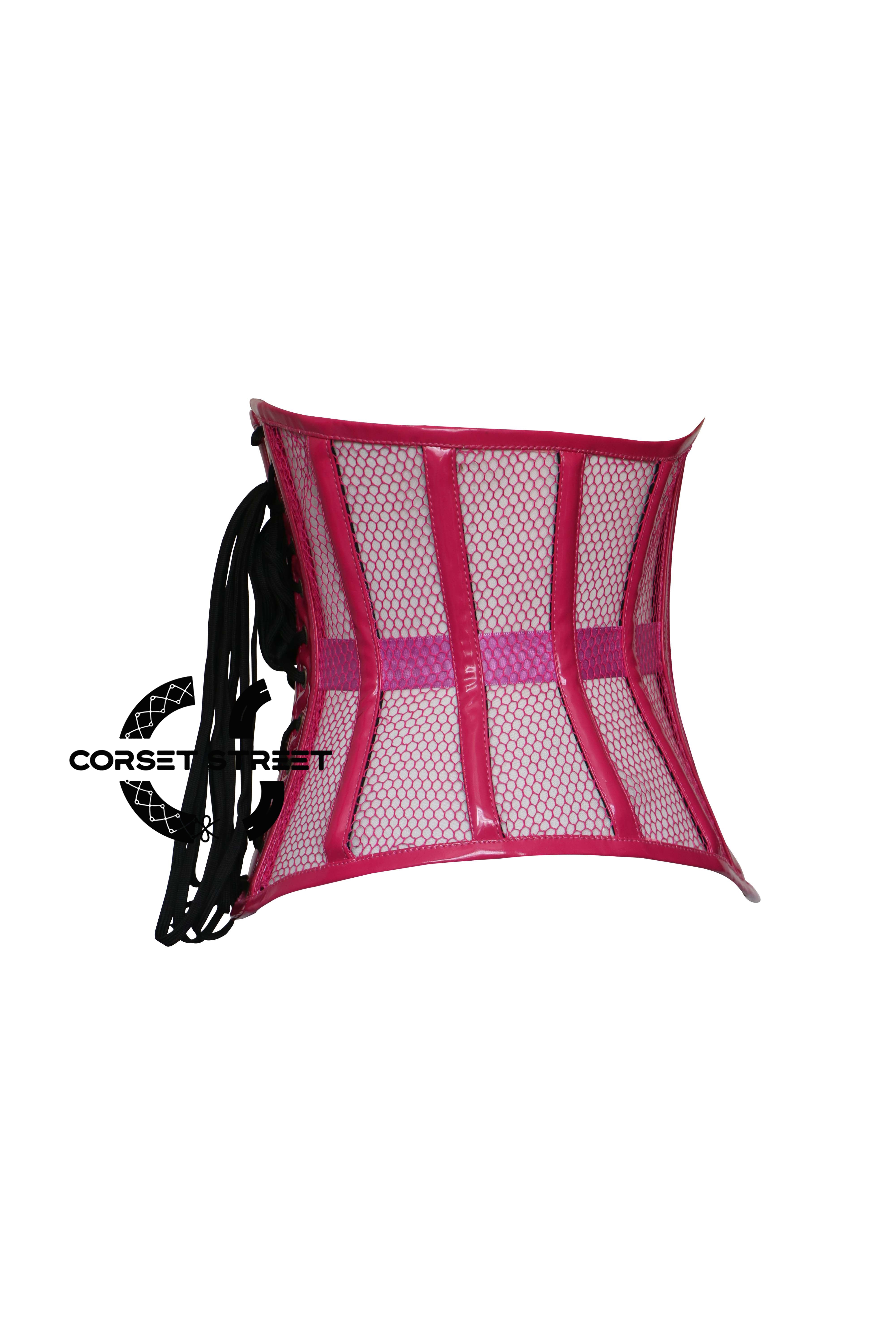 Hot Pink Sheer With PVC Leather Gothic Costume Underbust Corset Top