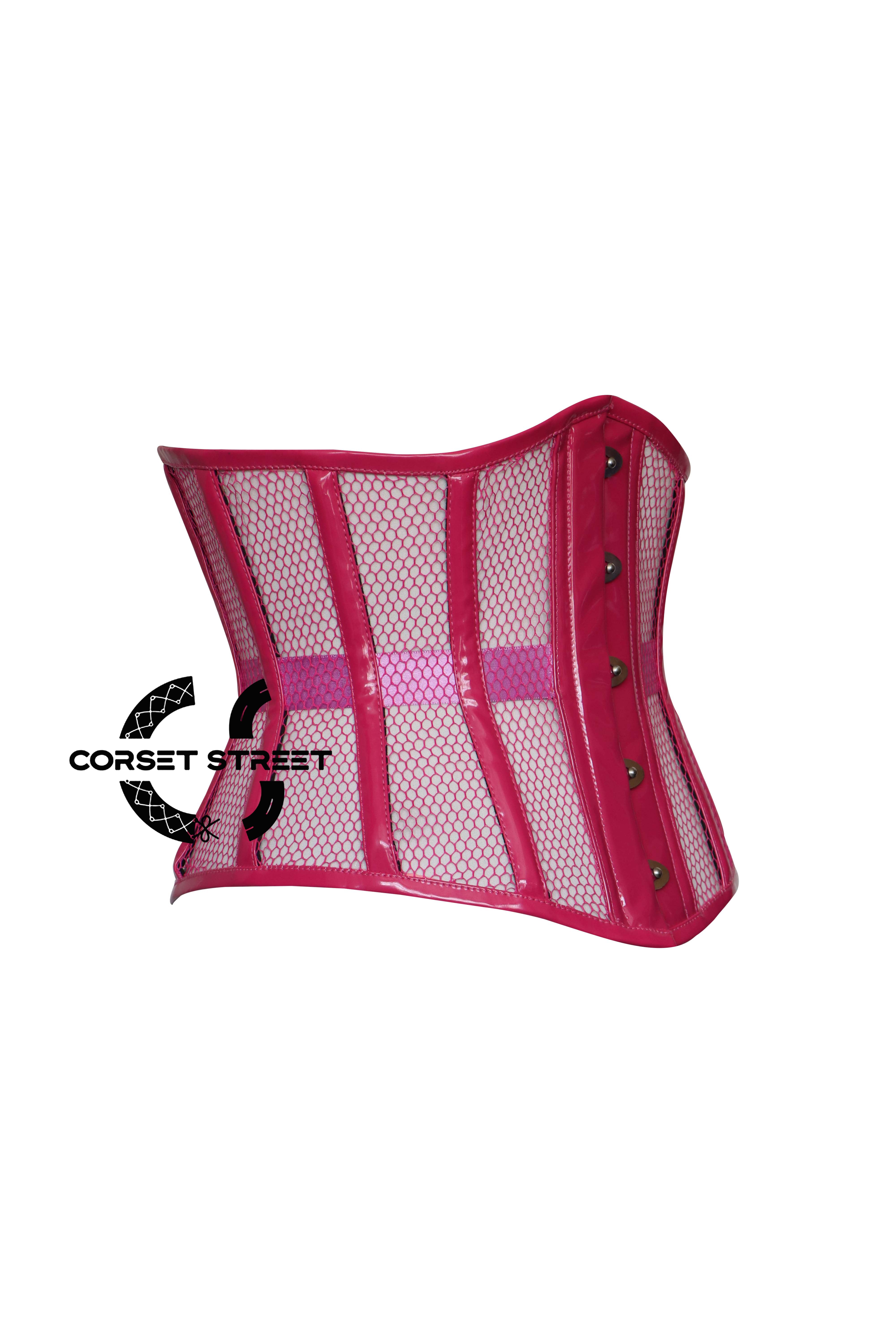 Hot Pink Sheer With PVC Leather Gothic Costume Underbust Corset Top