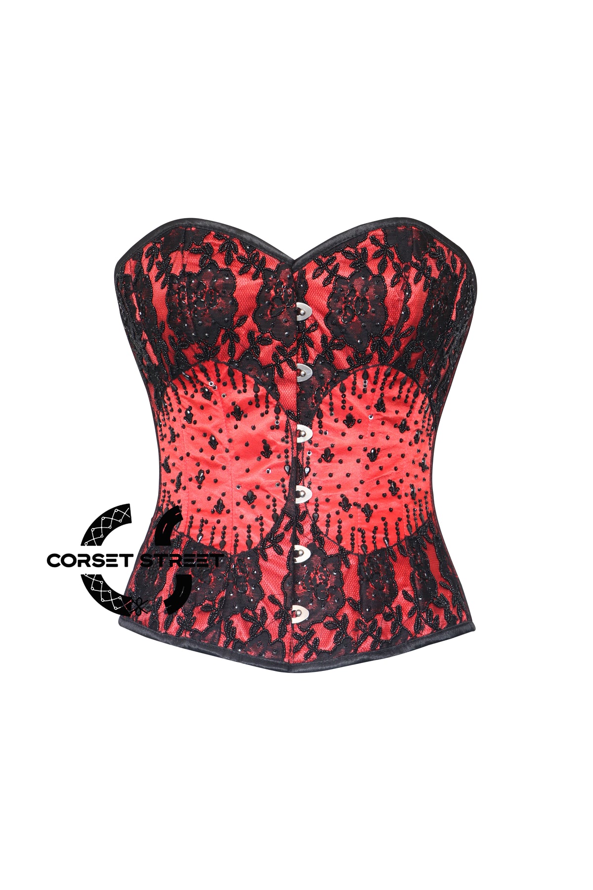 Red Satin Black Sequins Handmade Work Burlesque Plus Size Overbust Corset Top