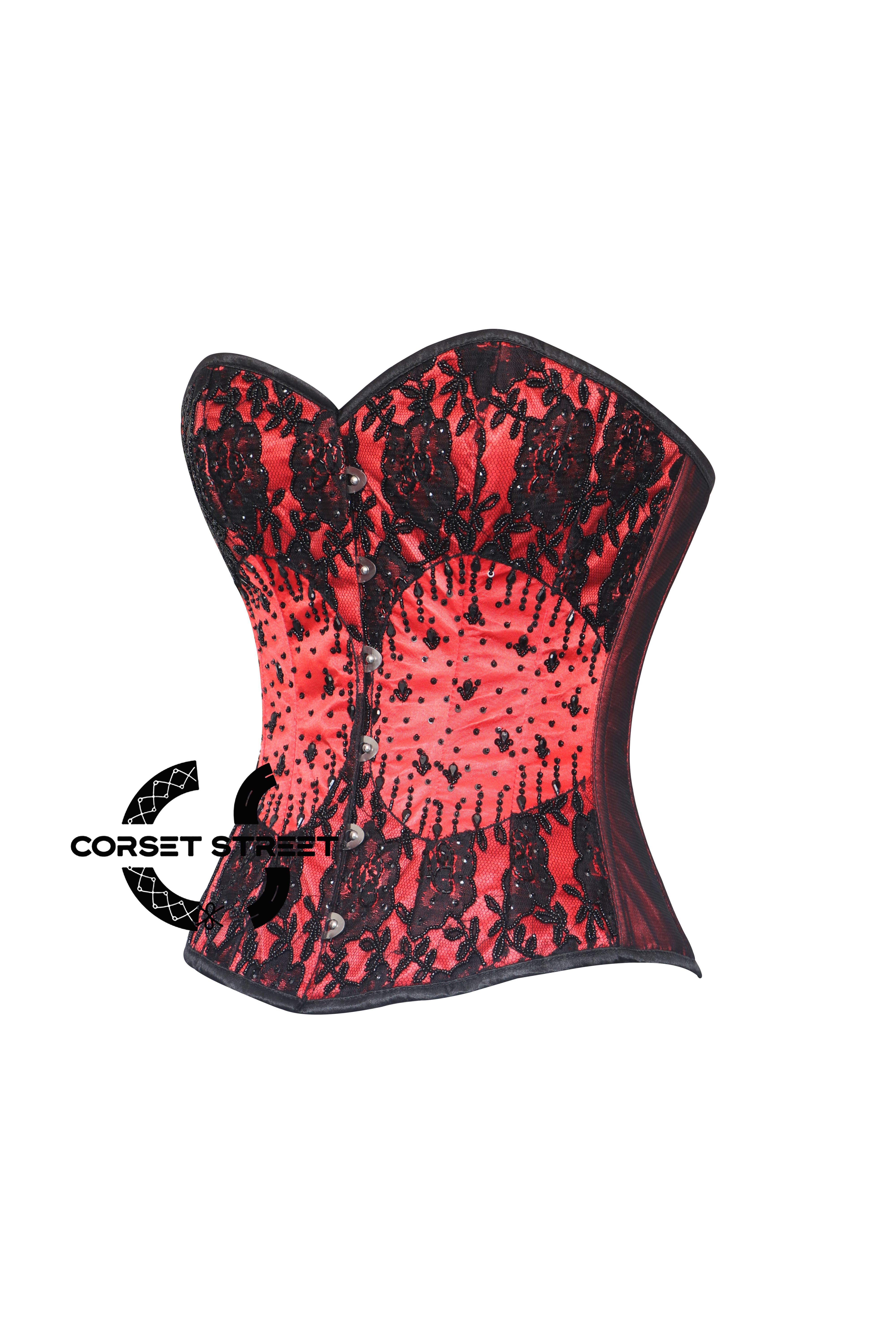 Red Satin Black Sequins Handmade Work Burlesque Plus Size Overbust Corset Top