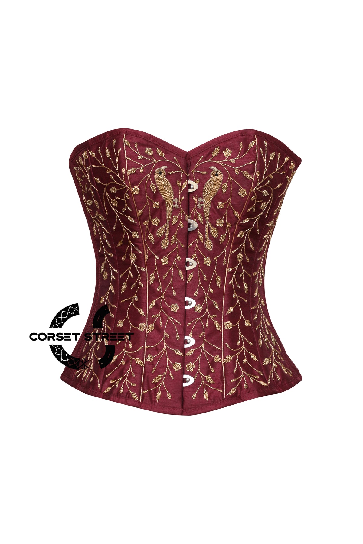 Maroon Silk Golden Bird Sequins Burlesque Costume Corset Overbust Top