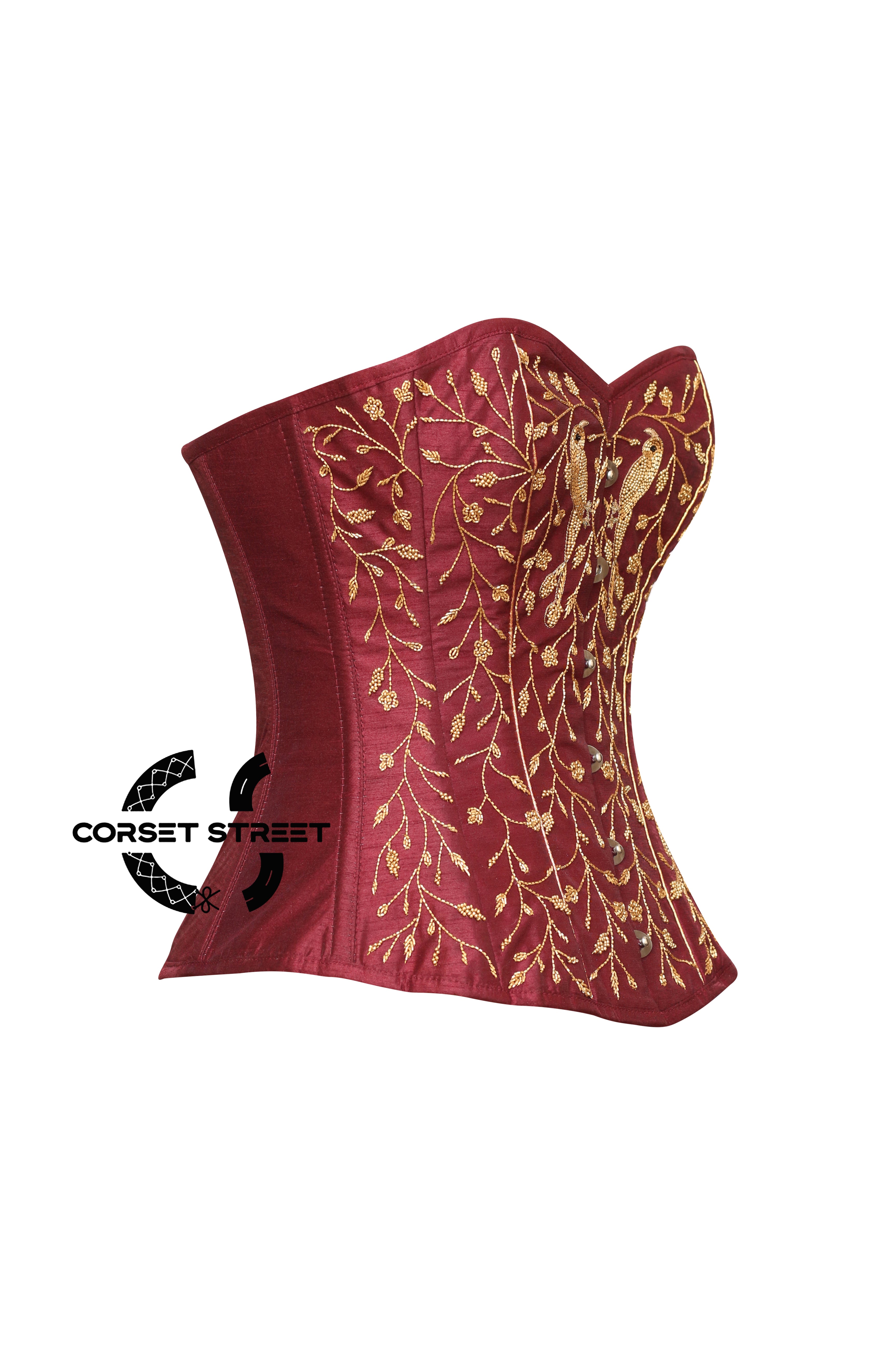 Maroon Silk Golden Bird Sequins Burlesque Costume Corset Overbust Top