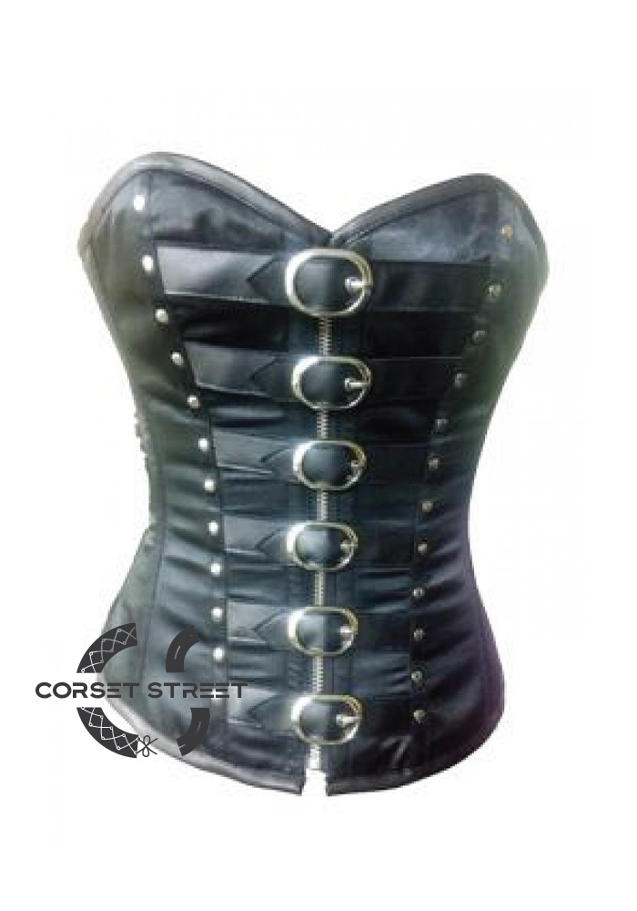 Black Leather Belts Zipper Gothic Steampunk Bustier Waist Training Overbust Plus Size Corset Costume