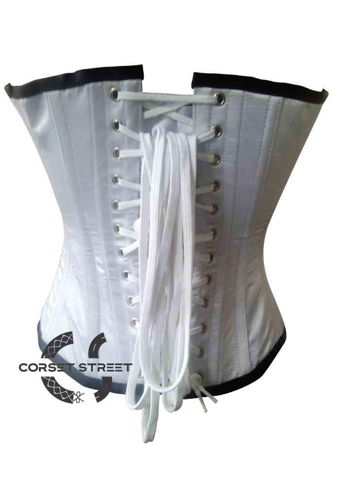 White Satin Black Sequins Gothic Burlesque Bustier Waist Training Overbust Plus Size Corset Costume