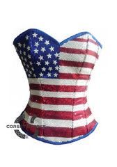 Blue Satin Red White Sequins USA Flag Handwork Gothic Burlesque Bustier Waist Training Overbust Plus Size Corset Costum