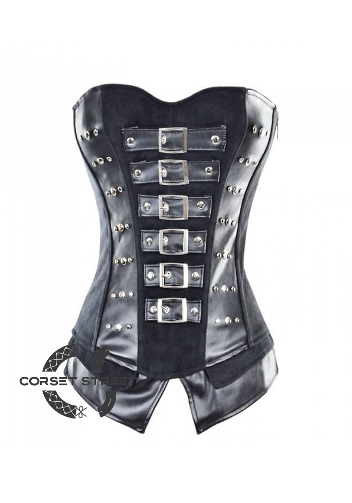 Black Satin & Faux Leather Gothic Steampunk Bustier Waist Training Burlesque Overbust Corset Costume