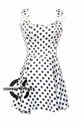 Women’s White Satin With Black Polka Dots Shoulder Strap Overbust Corset Gothic Costume