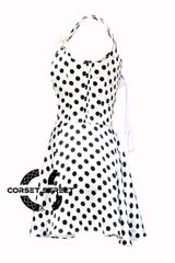 Women’s White Satin With Black Polka Dots Shoulder Strap Plus Size Overbust Corset Top