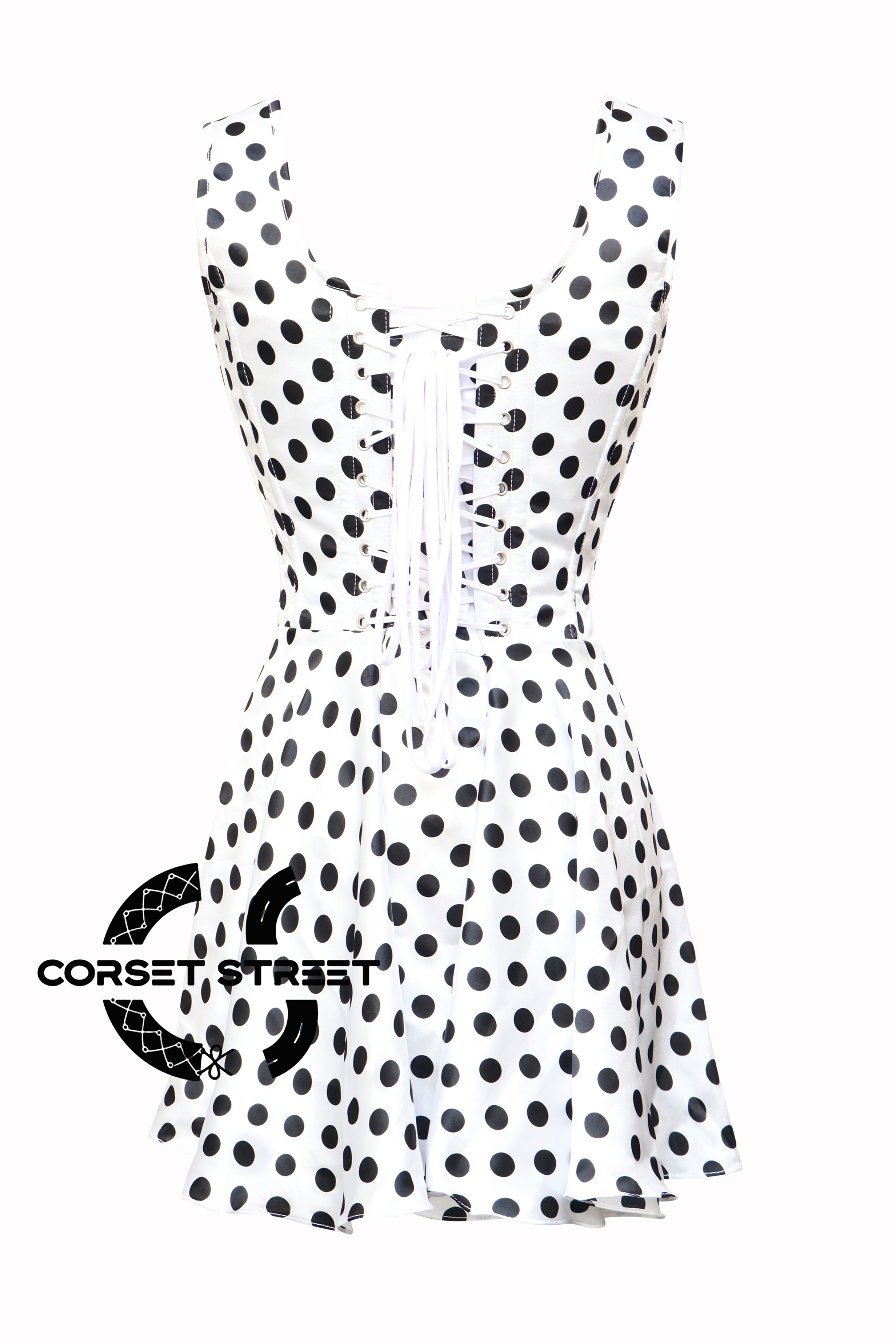 Women’s White Satin With Black Polka Dots Shoulder Strap Overbust Corset Gothic Costume