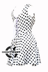 Women’s White Satin With Black Polka Dots Shoulder Strap Overbust Corset Gothic Costume