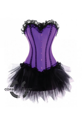 Purple Satin Black Tutu Skirt Gothic Burlesque Bustier Waist Training Costume Overbust Corset Dress