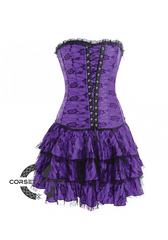 Purple Satin with Skirt Gothic Burlesque Bustier Waist Training Costume Overbust Corset Dress