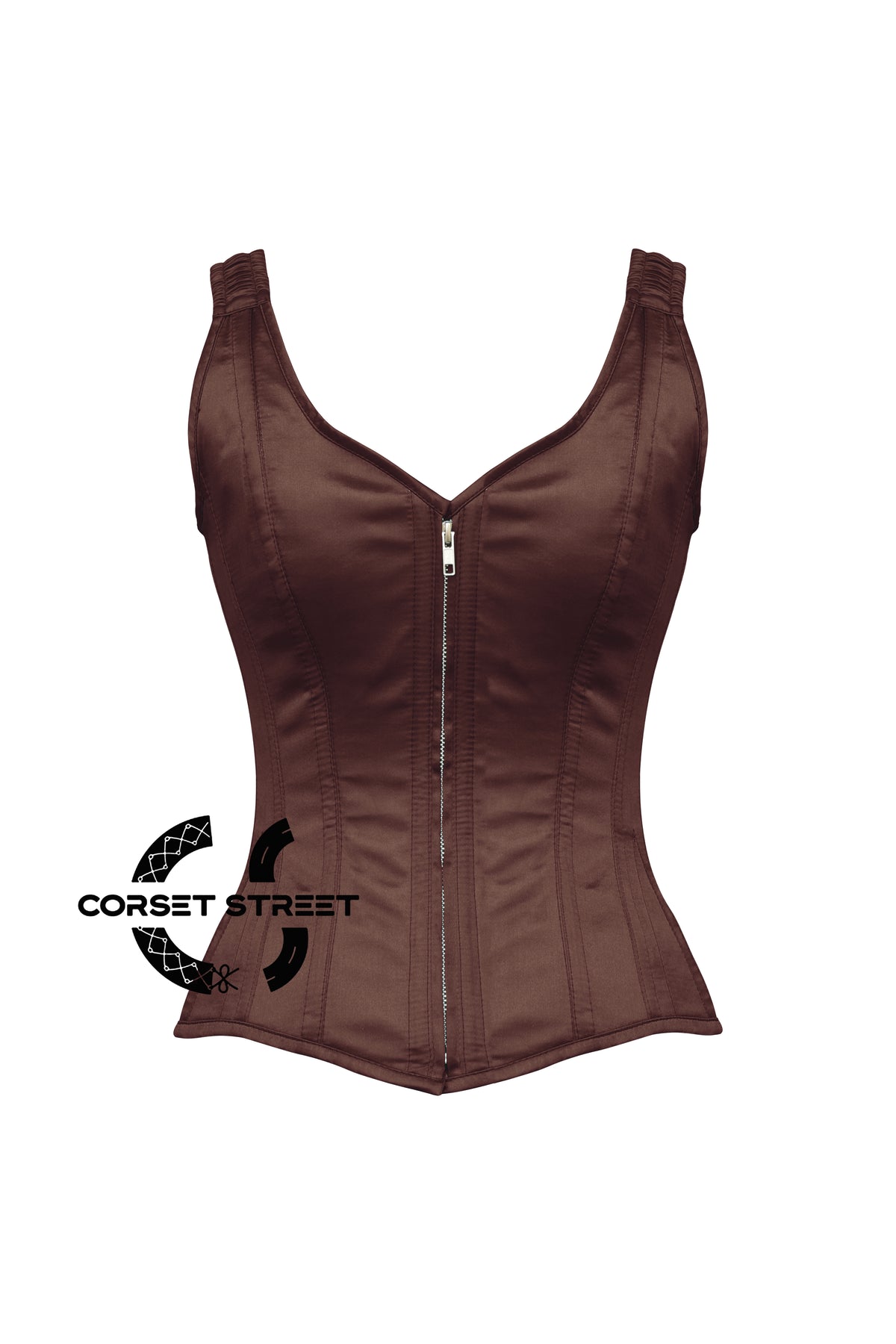 Women’s Brown Satin Shoulder Strap Gothic Zipper Overbust Plus Size Corset Top