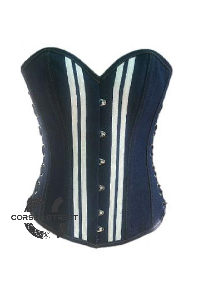 Blue and White Strips Gothic Steampunk Bustier Waist Training Costume Overbust Denim Corset