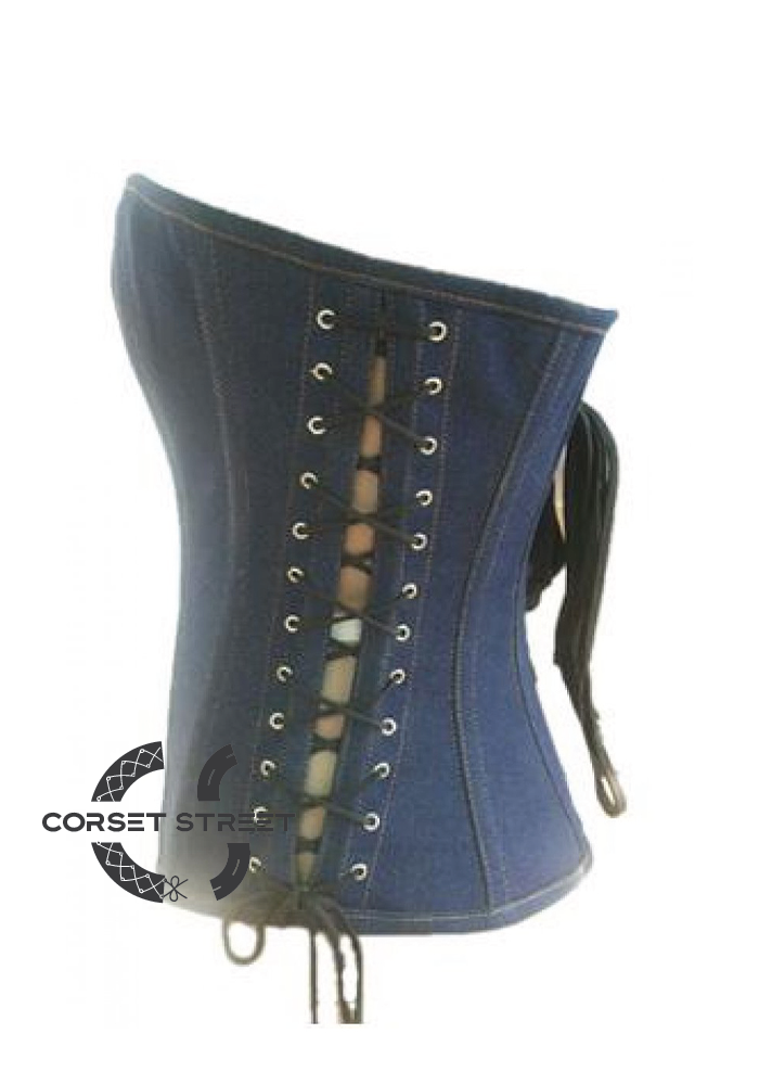 Blue and White Strips Gothic Steampunk Bustier Waist Training Costume Overbust Denim Corset