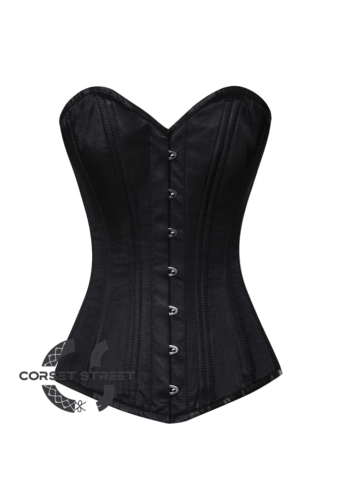 Black Satin Double Bone Gothic Burlesque Waist Training Bustier Long Overbust Corset Costume