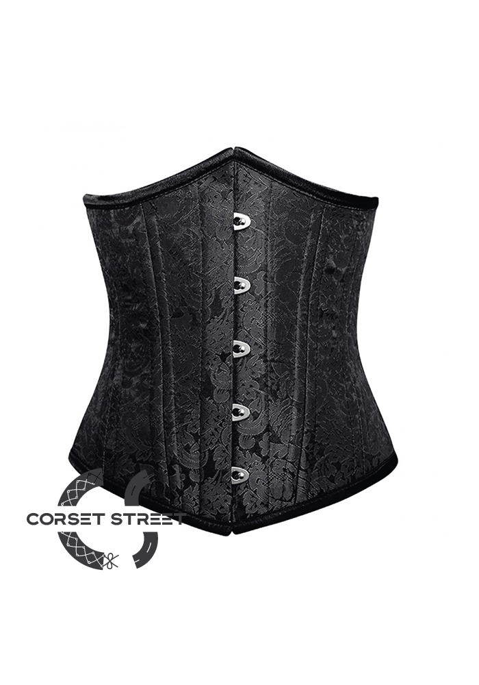 Black Brocade Gothic Steampunk Bustier Waist Training Burlesque Underbust Plus Size Corset Costume