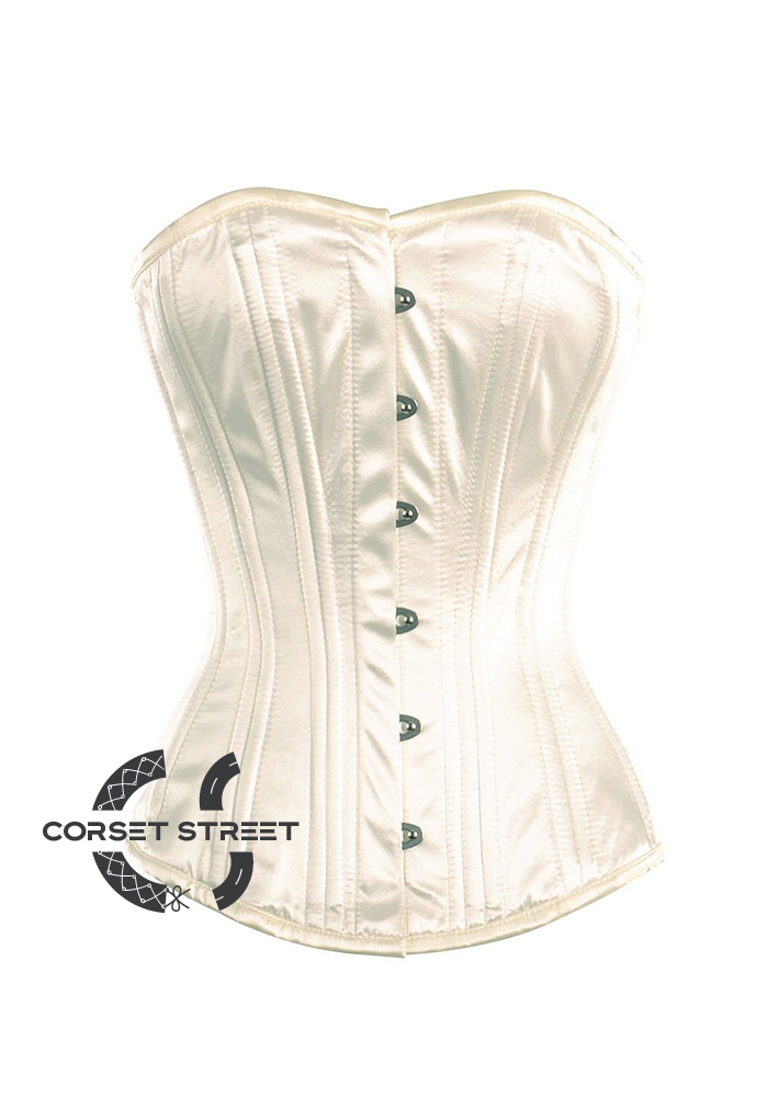 Ivory Satin Double Bone Gothic Burlesque Waist Training Bustier Overbust Corset Costume