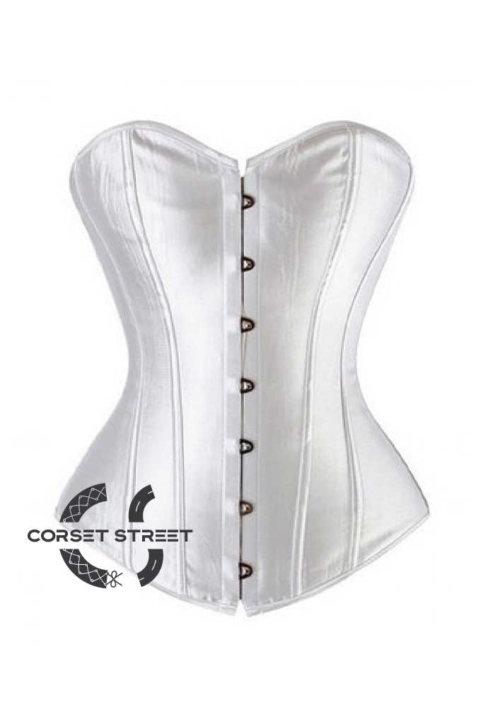 White Satin Gothic Burlesque Bustier Waist Training Costume Overbust Plus Size Corset Top