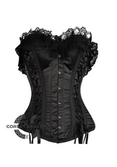 Black Satin Frills N Lacing Gothic Burlesque Bustier Waist Training Costume Overbust Plus Size Corset Top