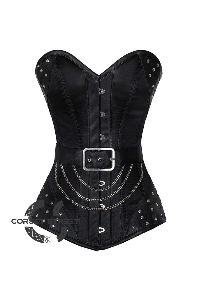 Black Satin Leather Belt & Patches Gothic Steampunk Bustier Waist Training Victorian Costume Overbust Corset
